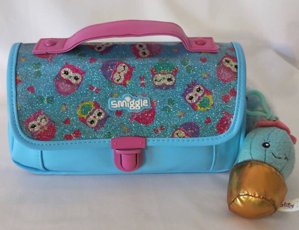 SMIGGLE Owl Purse/Handbag/Makeup Bag/Pencil Case Glitter Zippers Pom Poms  Blue